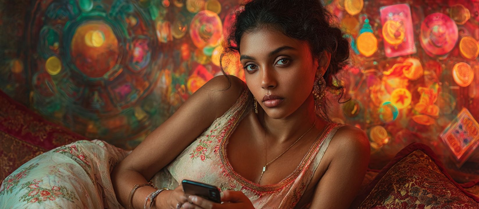 A young woman in traditional dress lies with a phone in her hand against a backdrop of bright lights