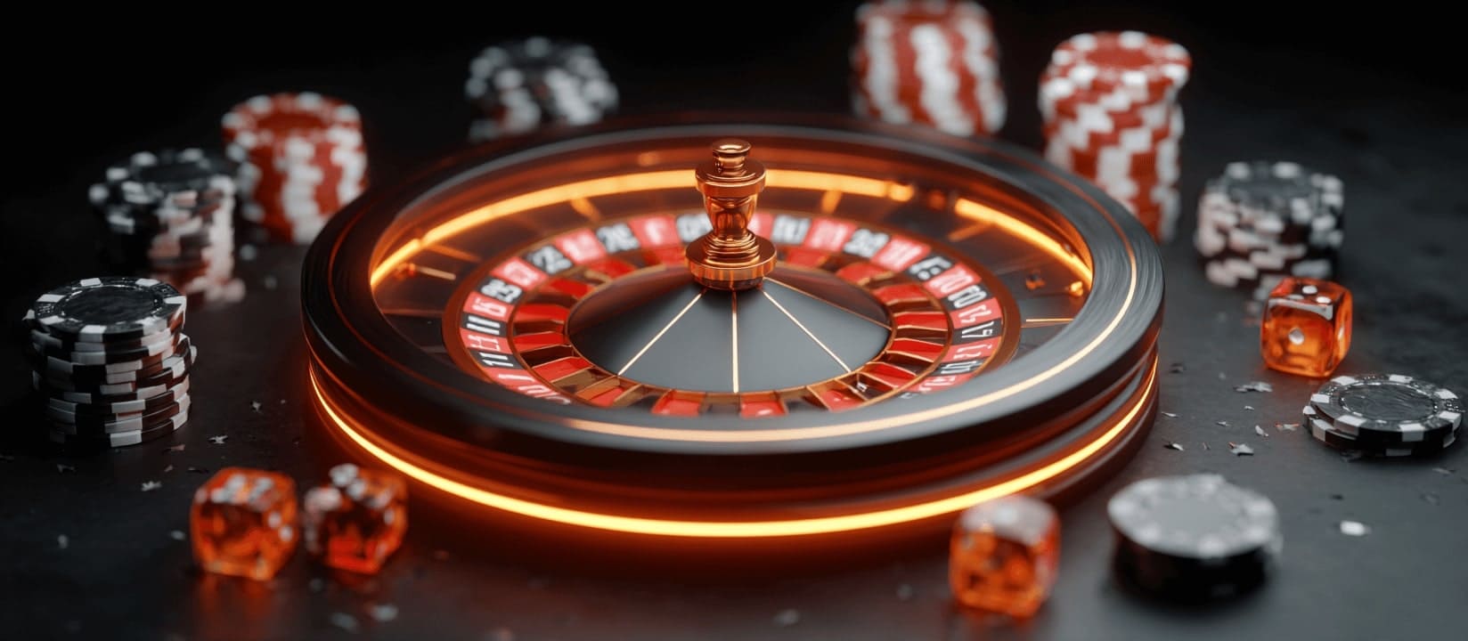 An orange-lit roulette wheel is surrounded by chips and dice in the casino