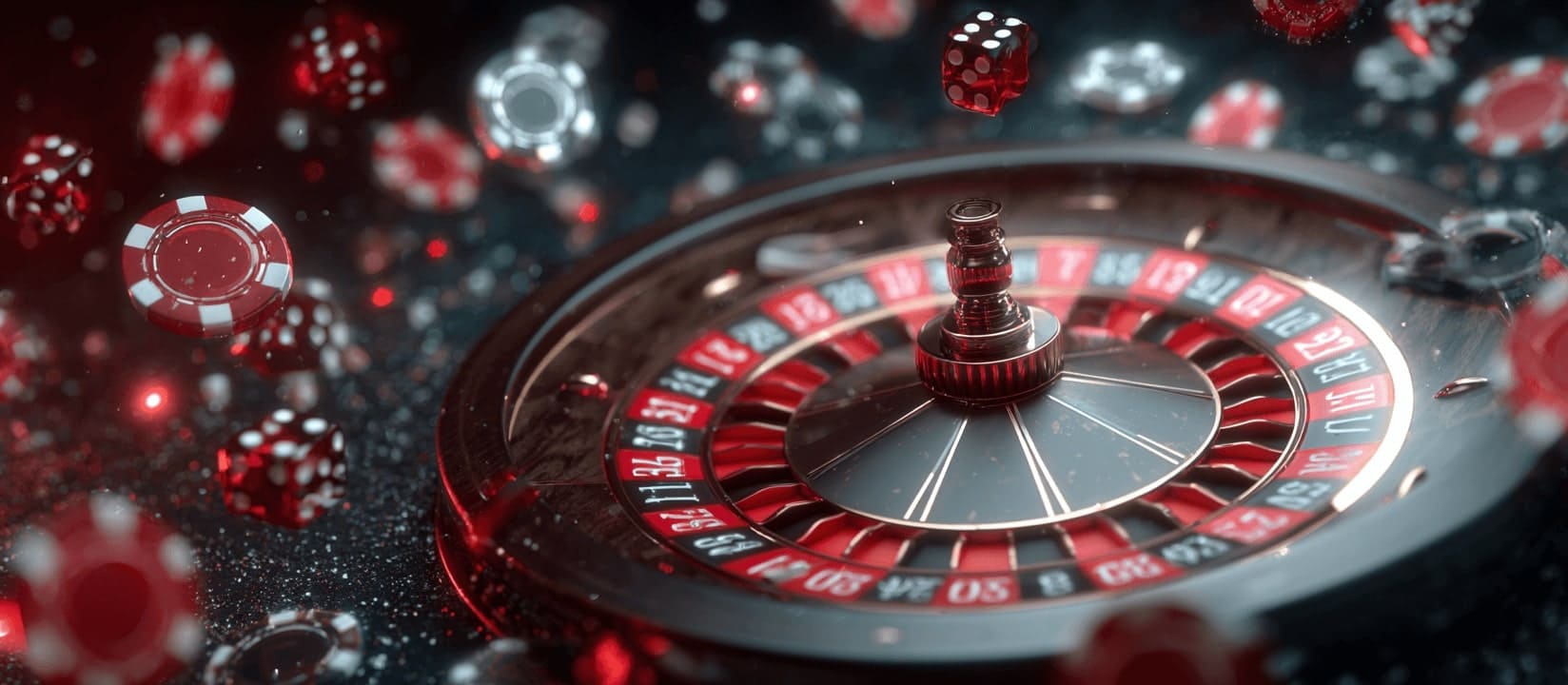 Roulette and flying dice chips in the casino