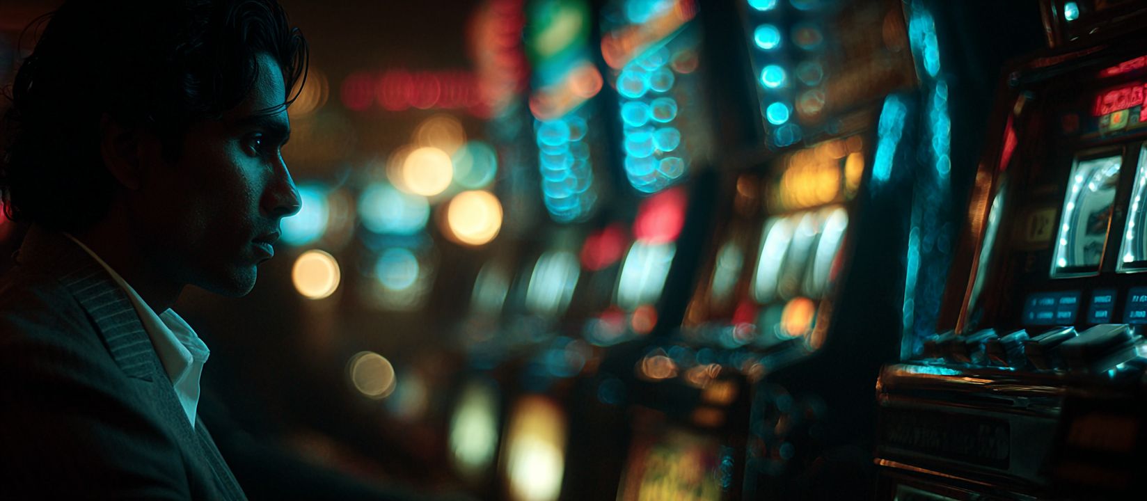 A man in a jacket stares tensely at a slot machine screen in the semi-darkness of the hall