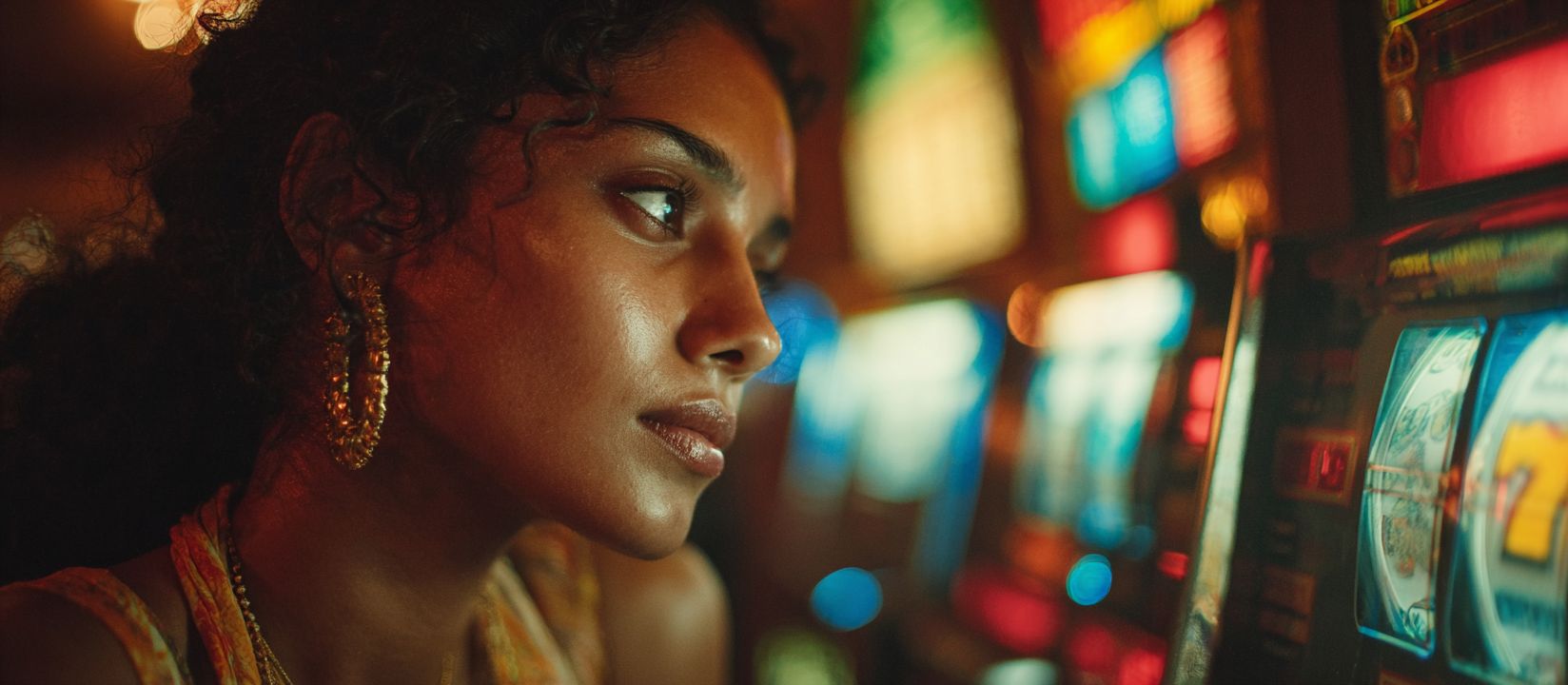 A woman stares intently at a slot machine in a casino with bright lights